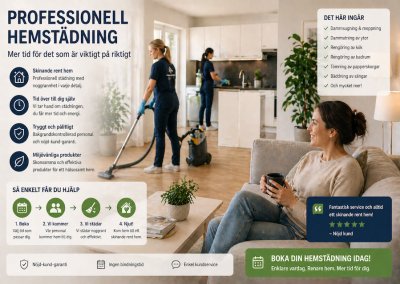 Person får hjälp med hemstädning av professionell städfirma i ett ljust hem, där städpersonal dammsuger och rengör kök medan kunden kopplar av.