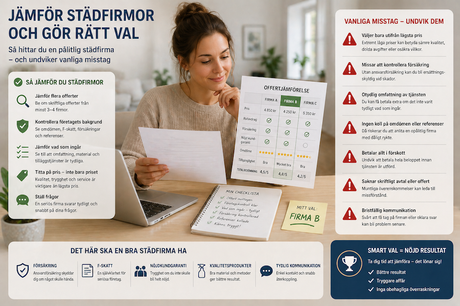 Person jämför städfirmor med offertjämförelse och checklista vid dator, och undviker vanliga misstag som dolda avgifter och otydliga villkor.