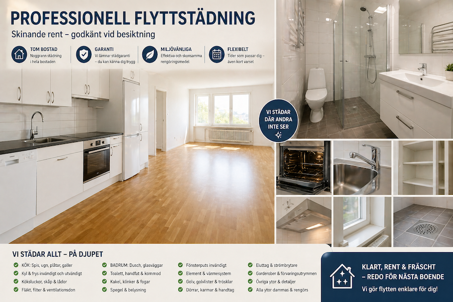Professionell flyttstädning av tom bostad med skinande rent kök och badrum inför besiktning.